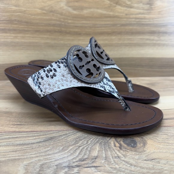 Tory Burch Louisa Womens 7 M Snake Embossed Brown Leather Wedge Sandals - Picture 2 of 11